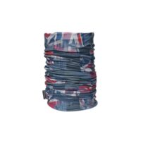Multicoloured tubular neck gaiter with a blue, red and white abstract graphic print, presented upright with ruched folds and a small black brand tag at the base
