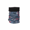 Union-neck-tube_3000px_300dpi-1.png Tube-style neck gaiter with a folded black fleece cuff and gathered blue fabric printed with red and white abstract shapes and a small black brand tag on the side.