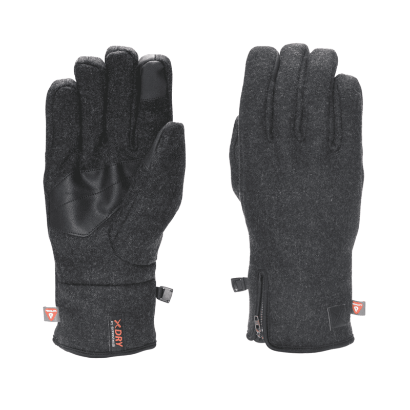 Untitled-design-4-3.png Pair of charcoal-grey winter gloves laid flat side-by-side; left glove palm-up showing a black leather palm patch, touchscreen fingertip and an XDRY cuff label, right glove back-up with three stitched finger seams and a small wrist zipper.