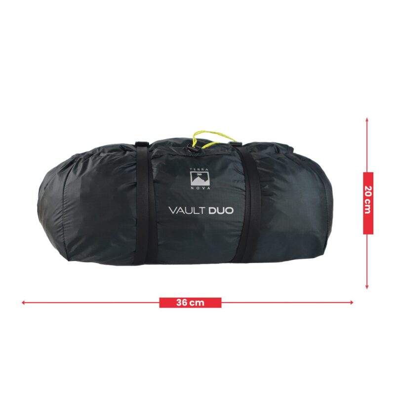 Packed black Terra Nova 'Vault Duo' compression sack with two black straps and a yellow drawcord, shown on a white background with red arrows indicating 36 cm width and 20 cm height.