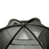Vault-Duo-Top-Vent_3000px_72dpi-3.png Close-up of the top of a dark green camping tent showing two black flexible poles crossing in an X over triangular mesh ventilation panels and stitched seams, with thin guy lines extending from the upper corners.