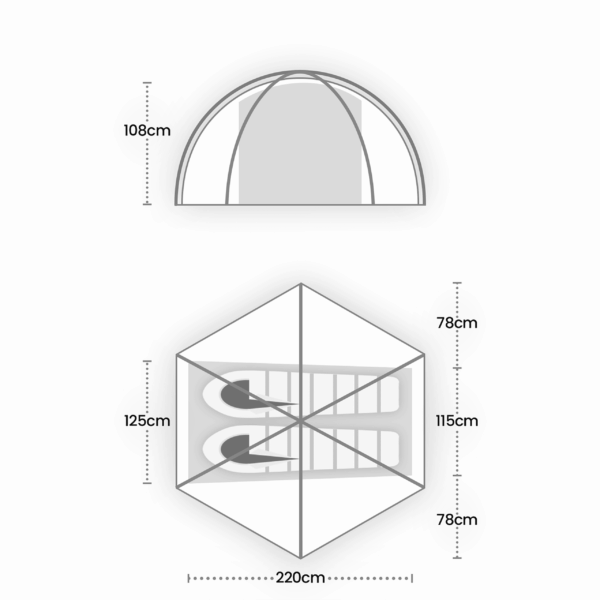 Vault-Duo-UPDATE_3000px_72dpi-3.png Diagram showing a two-person dome tent in side cross-section and top-down view with two sleeping mats and pole arches, marked dimensions: overall length 220 cm, dome peak height 108 cm, internal width 125 cm and side clearances of 78 cm with a central clearance of 115 cm.