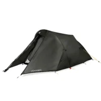 Dark grey/black two-person tunnel tent with a small front vestibule, 'VOYAGER' logo on the lower flysheet and yellow guy lines, photographed on a white background.