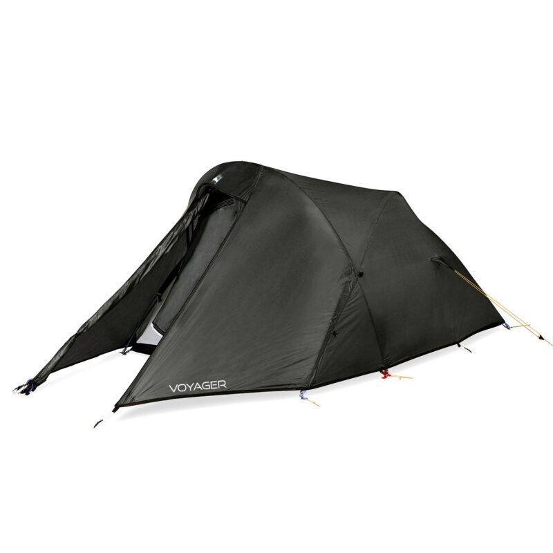 Voyager-LR-3.jpg Dark grey/black two-person tunnel tent with a small front vestibule, 'VOYAGER' logo on the lower flysheet and yellow guy lines, photographed on a white background.