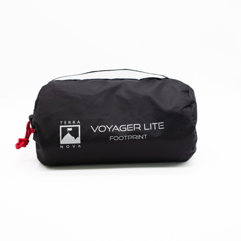 Voyager-Lite-1-3.jpg Small black cylindrical stuff sack with a red drawcord and thin top carry loop, printed with the Terra Nova logo and the words “VOYAGER LITE FOOTPRINT” on a white background.