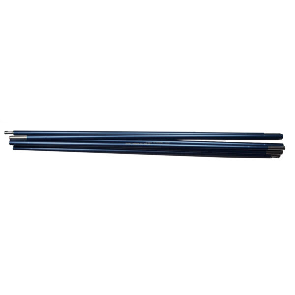 Several long metallic blue aluminium poles with silver connector ends laid horizontally on a white background