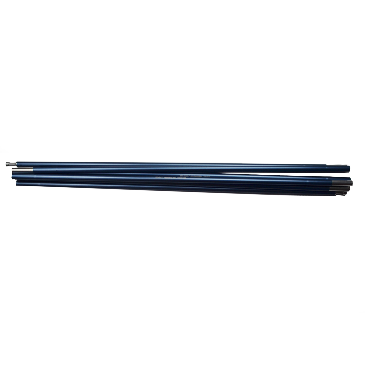 Several long metallic blue aluminium poles with silver connector ends laid horizontally on a white background