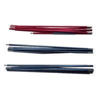 Three bundles of segmented aluminium tent poles laid horizontally on a white background — one red bundle at the top and two blue bundles below, each showing metal ferrules and ball-end connectors.