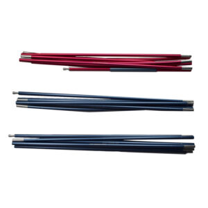 Three bundles of segmented aluminium tent poles laid horizontally on a white background — one red bundle at the top and two blue bundles below, each showing metal ferrules and ball-end connectors.
