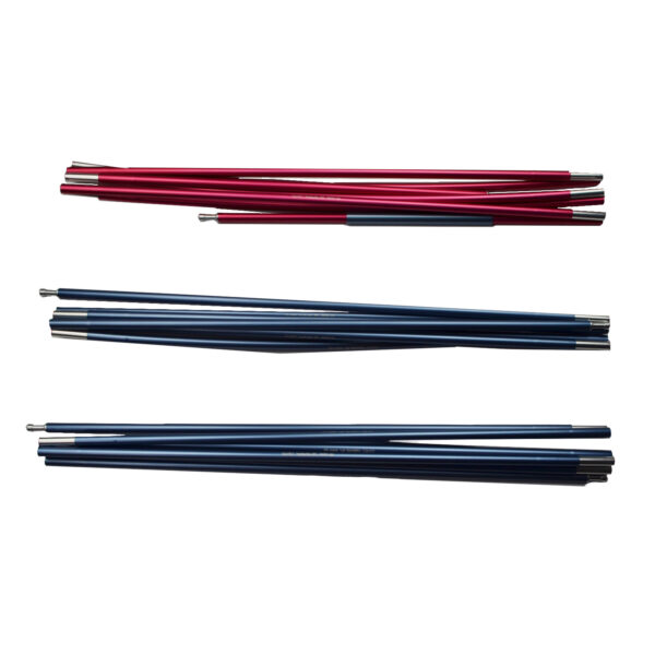 Three bundles of segmented aluminium tent poles laid horizontally on a white background — one red bundle at the top and two blue bundles below, each showing metal ferrules and ball-end connectors.
