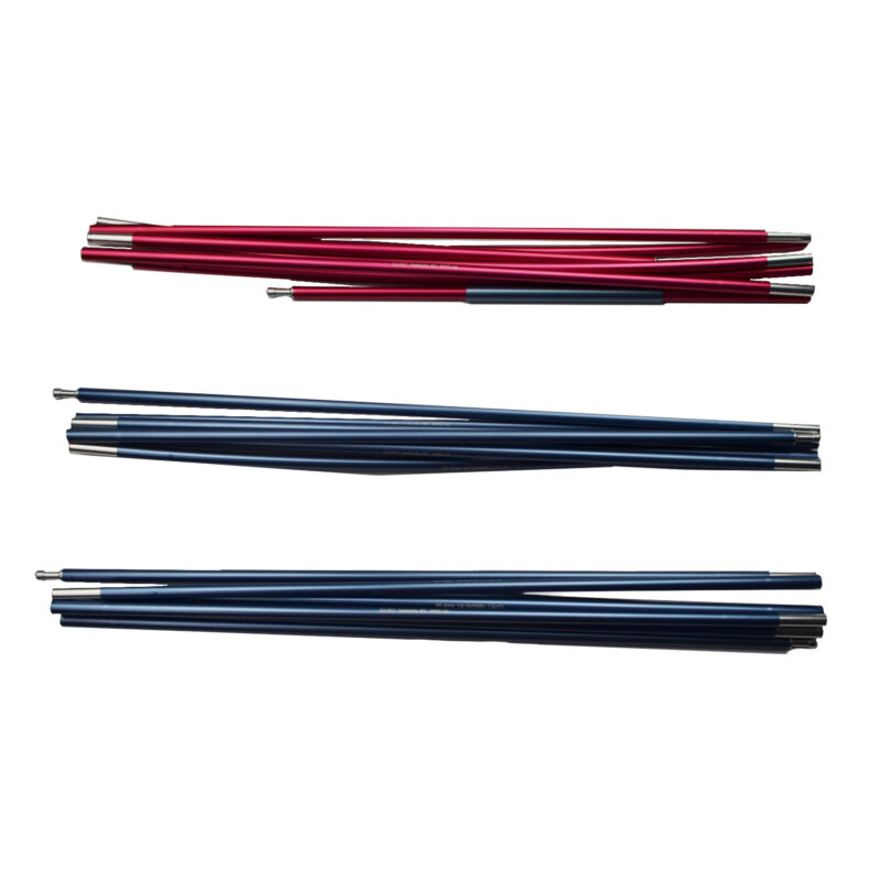 Voyager-SL-Voyager-U-Voyager-Current-Pole-Set-3.jpg Three bundles of segmented aluminium tent poles laid horizontally on a white background — one red bundle at the top and two blue bundles below, each showing metal ferrules and ball-end connectors.