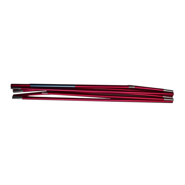 Several red anodised aluminium tent pole sections with silver ferrules and one blue segment, laid side by side horizontally on a white background.
