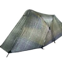 Low-profile lightweight greenish-silver backpacking tent of crinkled reflective fabric with pole-supported ridges, two tapered ends and pegged corner straps, shown on a white background