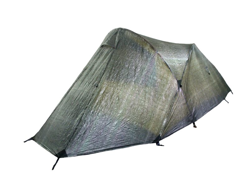Low-profile lightweight greenish-silver backpacking tent of crinkled reflective fabric with pole-supported ridges, two tapered ends and pegged corner straps, shown on a white background