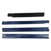 Four sets of segmented collapsible tent poles—three blue and one black—with silver ferrules, neatly laid flat on a white background.