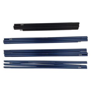 Four sets of segmented collapsible tent poles—three blue and one black—with silver ferrules, neatly laid flat on a white background.