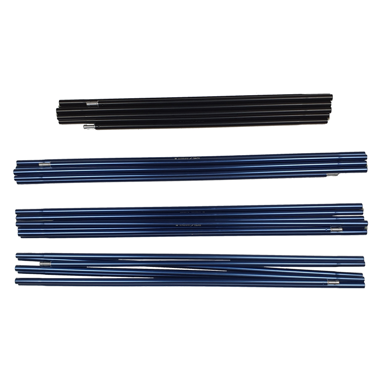 Voyager-XL-pole-sets-3.jpg Four sets of segmented collapsible tent poles—three blue and one black—with silver ferrules, neatly laid flat on a white background.