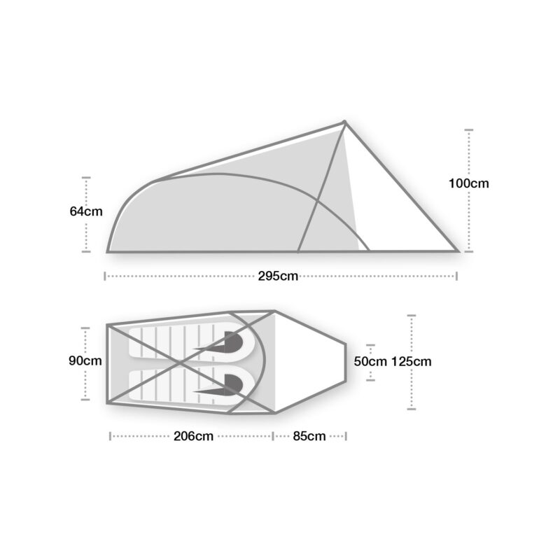 Voyager1500x1500px-1.jpg Side and plan diagram of a two-person tunnel tent showing interior layout and measurements: total length 295 cm, peak height 100 cm, front canopy height 64 cm; sleeping compartment 206 cm long by 90 cm wide, porch 85 cm deep, with additional side widths marked 50 cm and 125 cm.