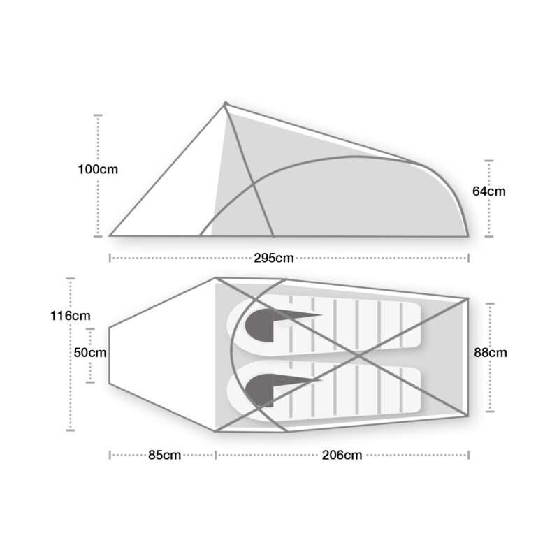 Diagram showing side and top views of a two-person tent with crossed poles and two sleeping mats, labelled dimensions: total length 295 cm (85 cm vestibule + 206 cm sleeping area), front peak height 100 cm, rear height 64 cm and interior width 88 cm.