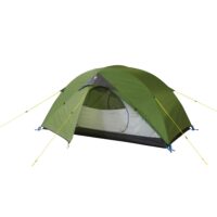 Green two-person dome tent with a partially open mesh door revealing a grey inner body and black floor, secured by yellow guy lines with blue tensioners against a white background