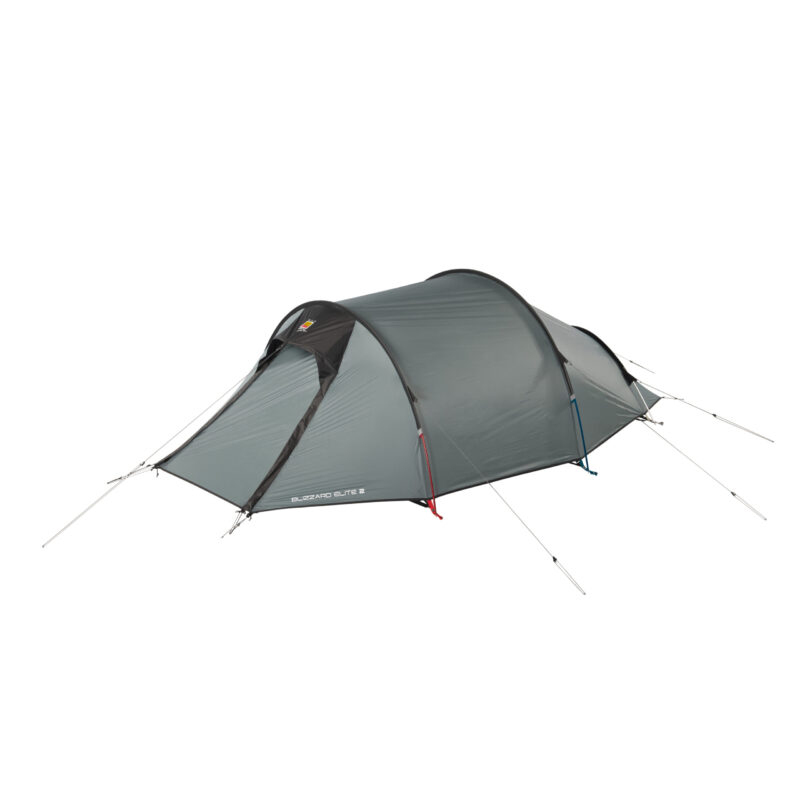 WC-Blizzard-Elite-2-1-3.jpg Grey tunnel-style two-person camping tent with black trim and coloured pole sleeves, fully pitched with guylines and pegs visible against a white background.