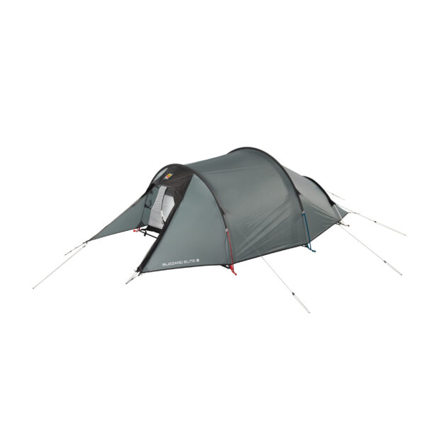 Low-profile grey two-person tunnel tent with a front vestibule and partially open inner door, supported by curved black poles and pegged guy lines with red and blue pole accents.