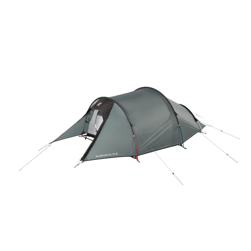 WC-Blizzard-Elite-2-2-3.jpg Low-profile grey two-person tunnel tent with a front vestibule and partially open inner door, supported by curved black poles and pegged guy lines with red and blue pole accents.