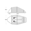 Line-drawing diagram showing side and top views of a two-person tent with two sleeping mats inside, labelled dimensions including 220 cm interior length, 85 cm peak height and 150 cm width, plus a 70 cm vestibule section.