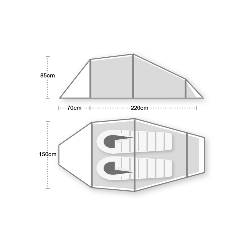 WC-Blizzard-Elite-2-Floorplan-3.webp Line-drawing diagram showing side and top views of a two-person tent with two sleeping mats inside, labelled dimensions including 220 cm interior length, 85 cm peak height and 150 cm width, plus a 70 cm vestibule section.