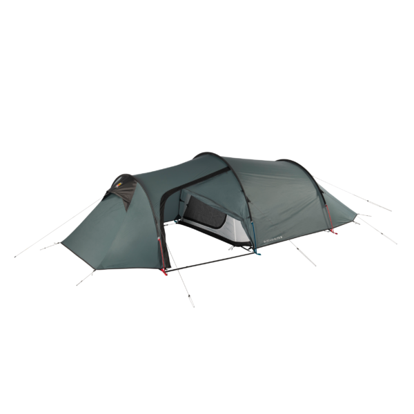 Tunnel-style three‑pole camping tent in muted grey‑green with a covered front vestibule, inner mesh sleeping compartment and visible pole clips and guy lines on a plain background.