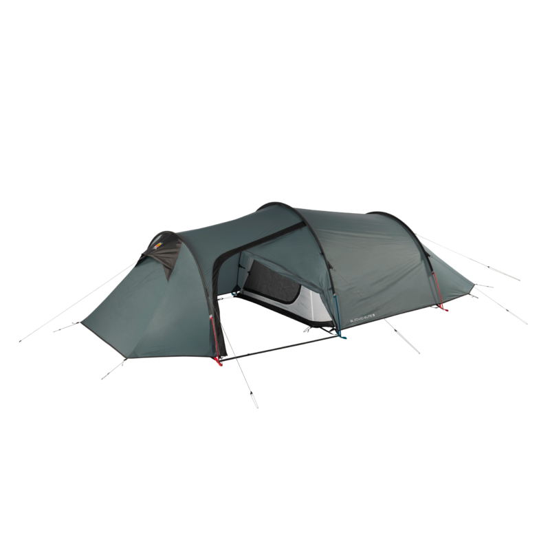 Tunnel-style three‑pole camping tent in muted grey‑green with a covered front vestibule, inner mesh sleeping compartment and visible pole clips and guy lines on a plain background.