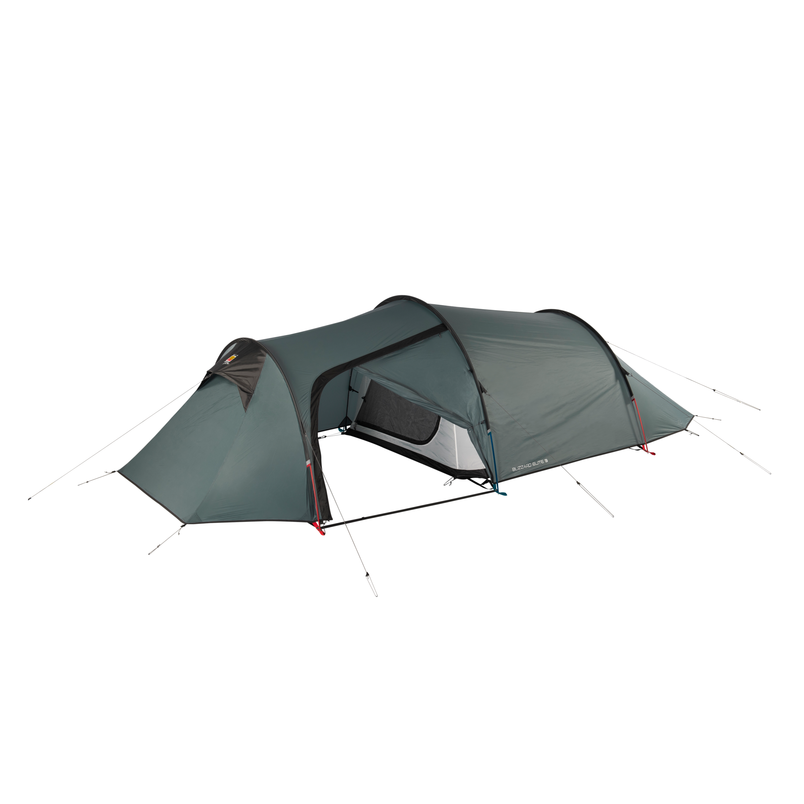 Tunnel-style three‑pole camping tent in muted grey‑green with a covered front vestibule, inner mesh sleeping compartment and visible pole clips and guy lines on a plain background.