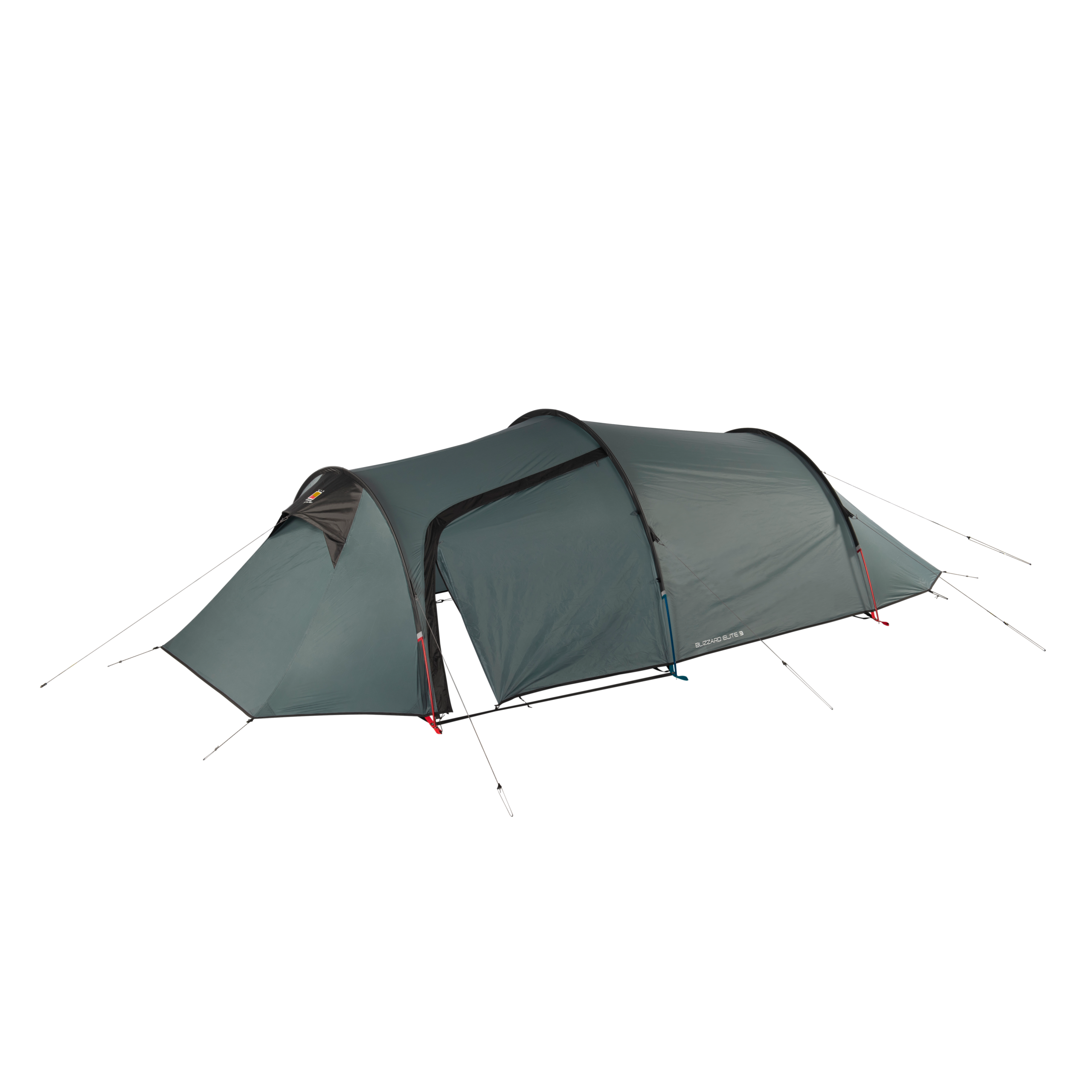 Long dark green tunnel-style camping tent with an extended triangular porch at the front, an arched central entrance flap partly open, black pole seams and multiple guy lines pegged out along the sides