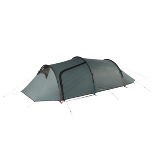 Green-grey, low-profile three-person tunnel tent with arched poles, a front vestibule and a zippered side door, secured with red and blue guy lines on a plain background.