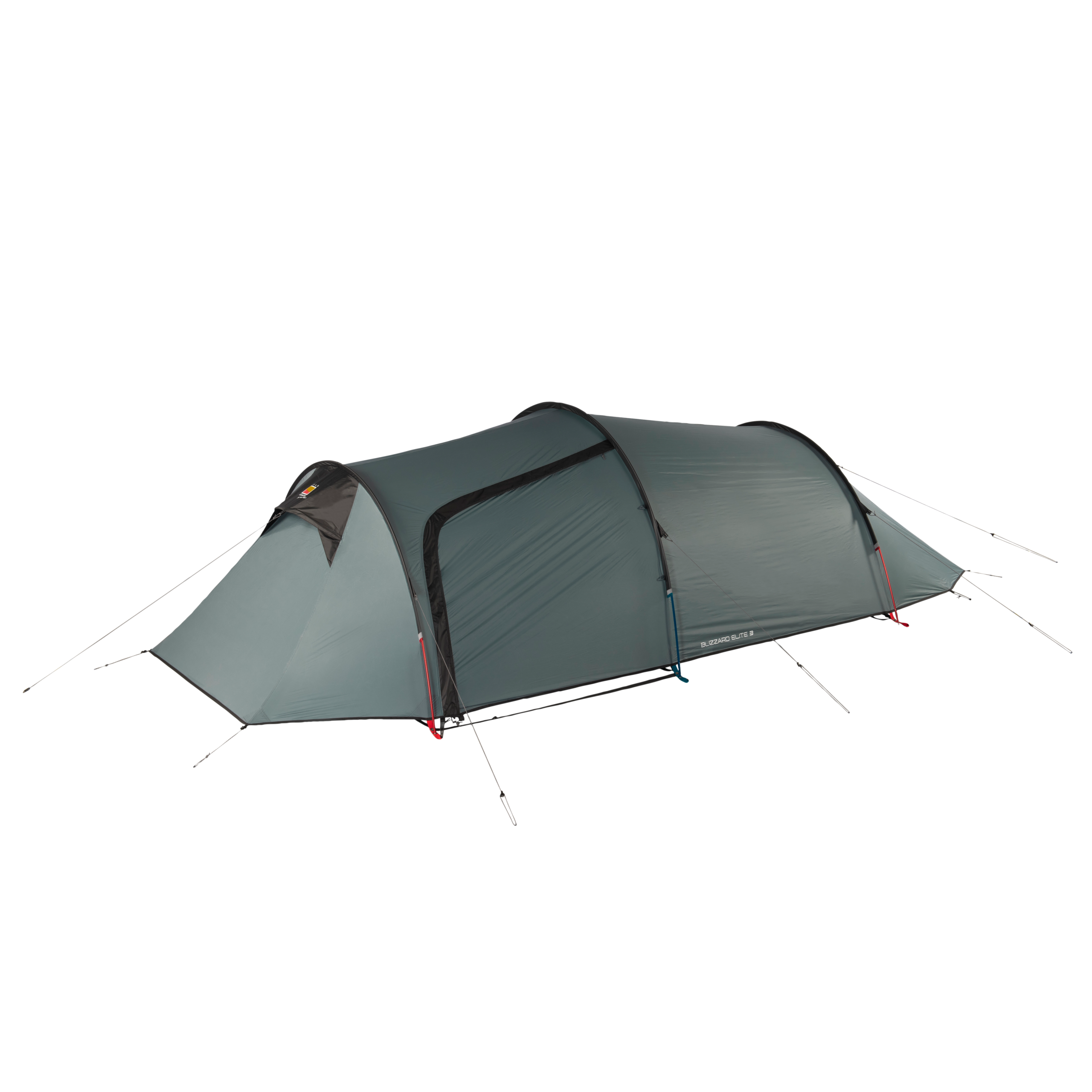 WC-Blizzard-Elite-3-CO4-3.webp Green-grey, low-profile three-person tunnel tent with arched poles, a front vestibule and a zippered side door, secured with red and blue guy lines on a plain background.
