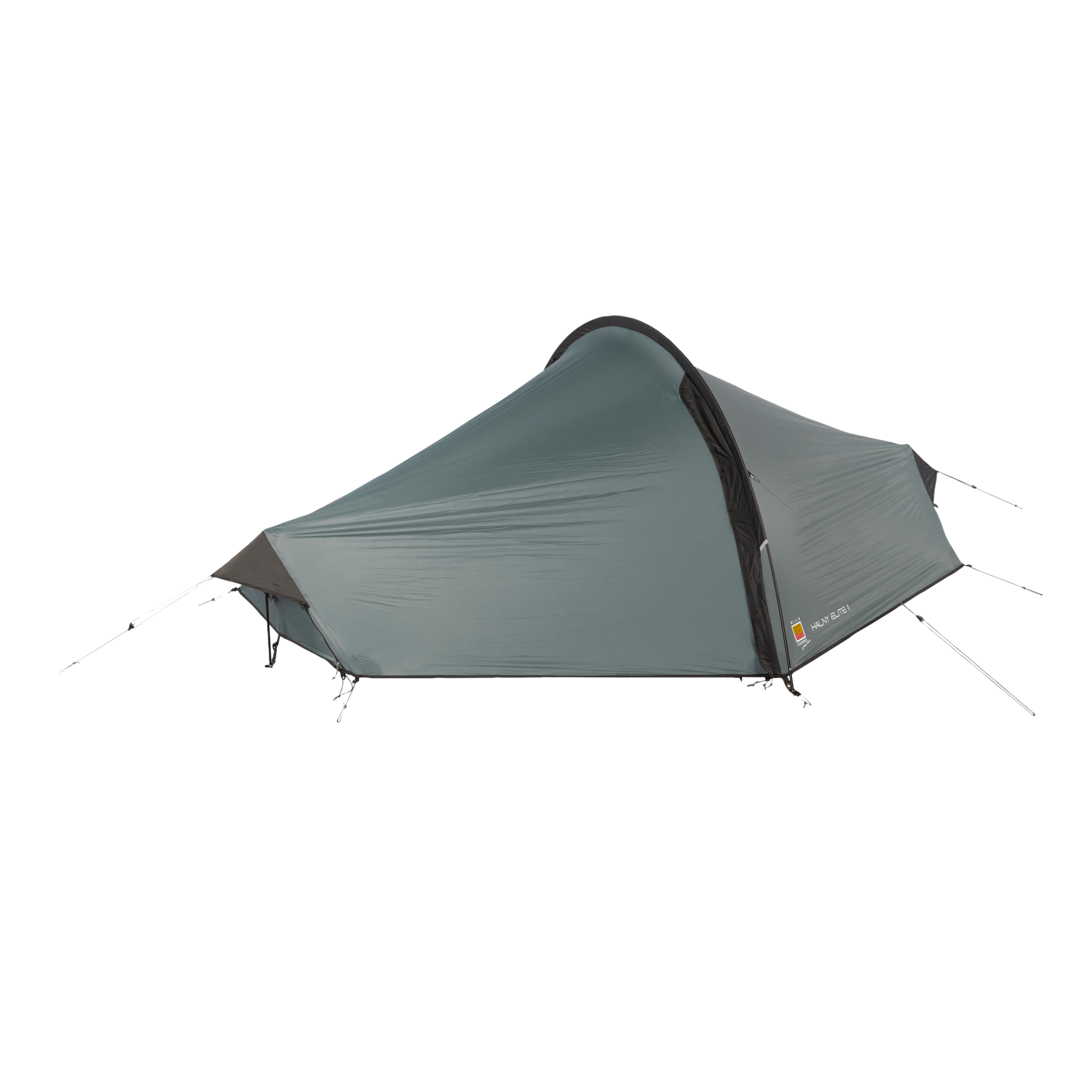 Low-profile grey-green single-person tunnel tent pitched with external guy lines and alloy poles, showing a black-trimmed zipped entrance and tapered foot end.