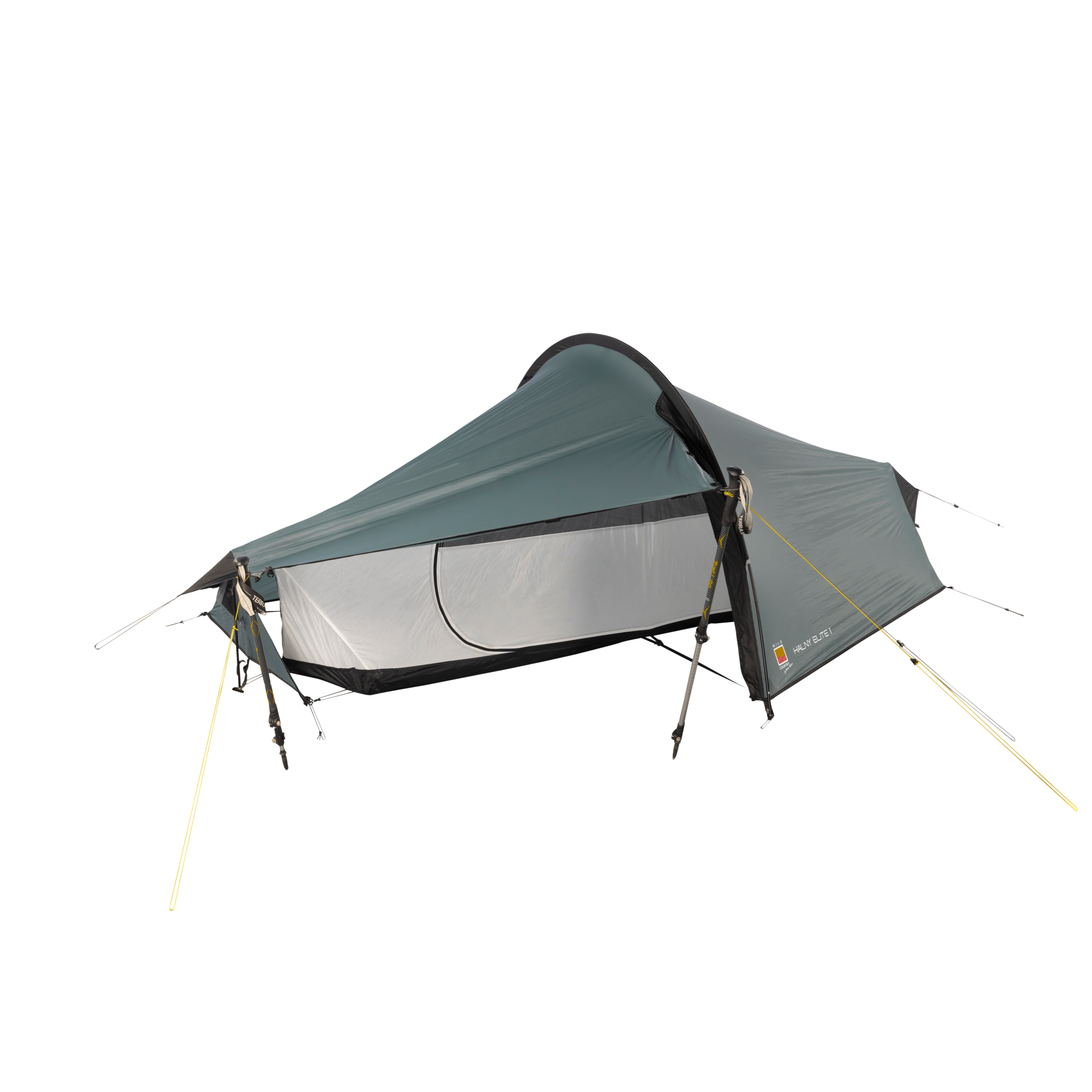 Low-profile single-person tunnel tent with a teal-grey rainfly and light-grey mesh inner, propped up by trekking poles and yellow guy lines, showing a black bathtub floor and a D-shaped side door.
