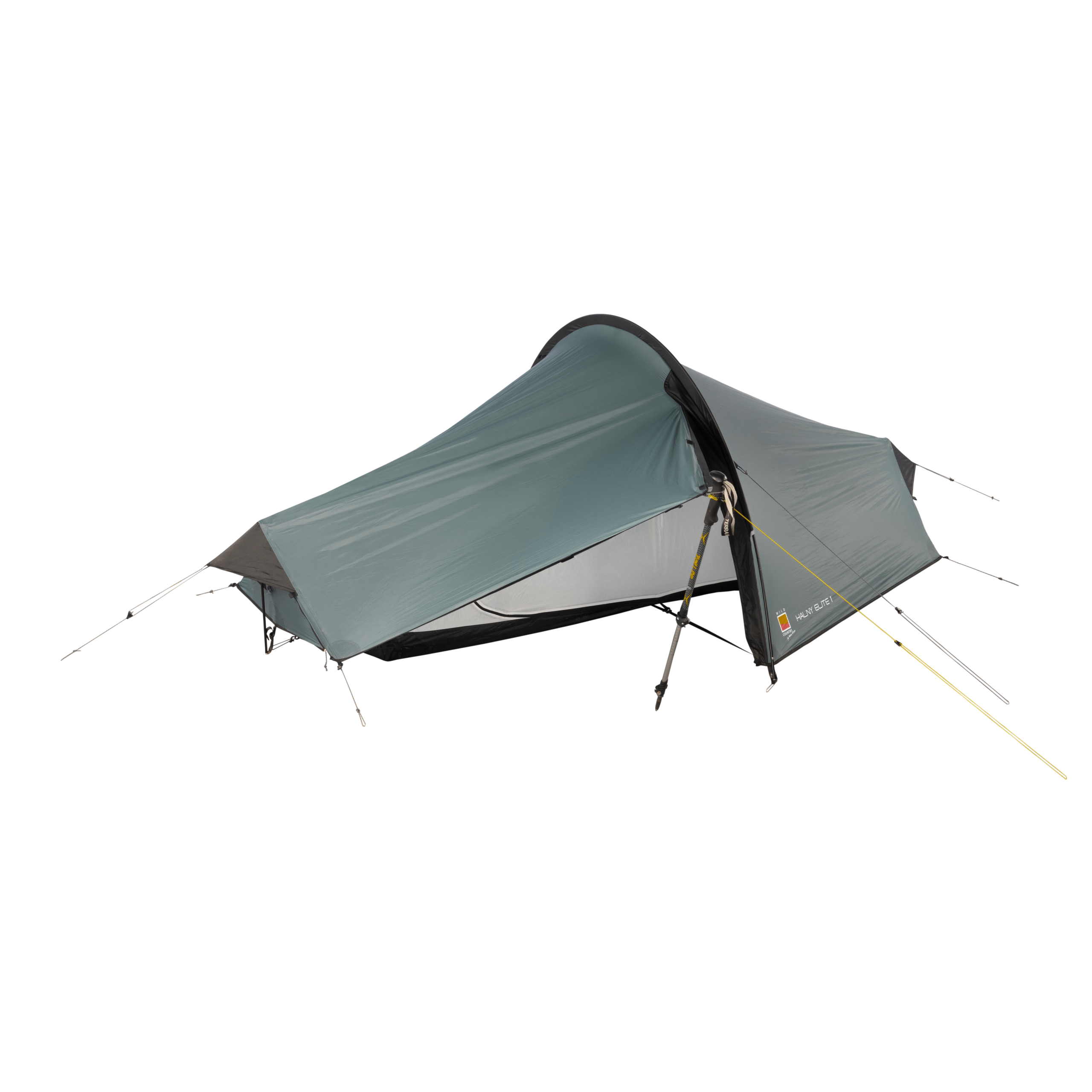 Low-profile single-person grey-green tunnel tent with a front vestibule propped open by a trekking pole, showing inner mesh and guy lines.