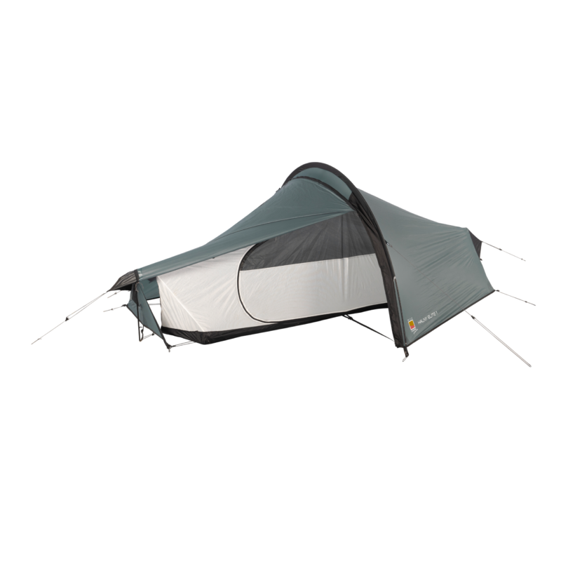 WC-Halny-Elite-1-CO4-3.webp Low-profile single-person tunnel tent in muted grey-green with a black frame and rainfly, showing an inner mesh sleeping pod with an oval zip door and a small front vestibule awning held by guy lines.
