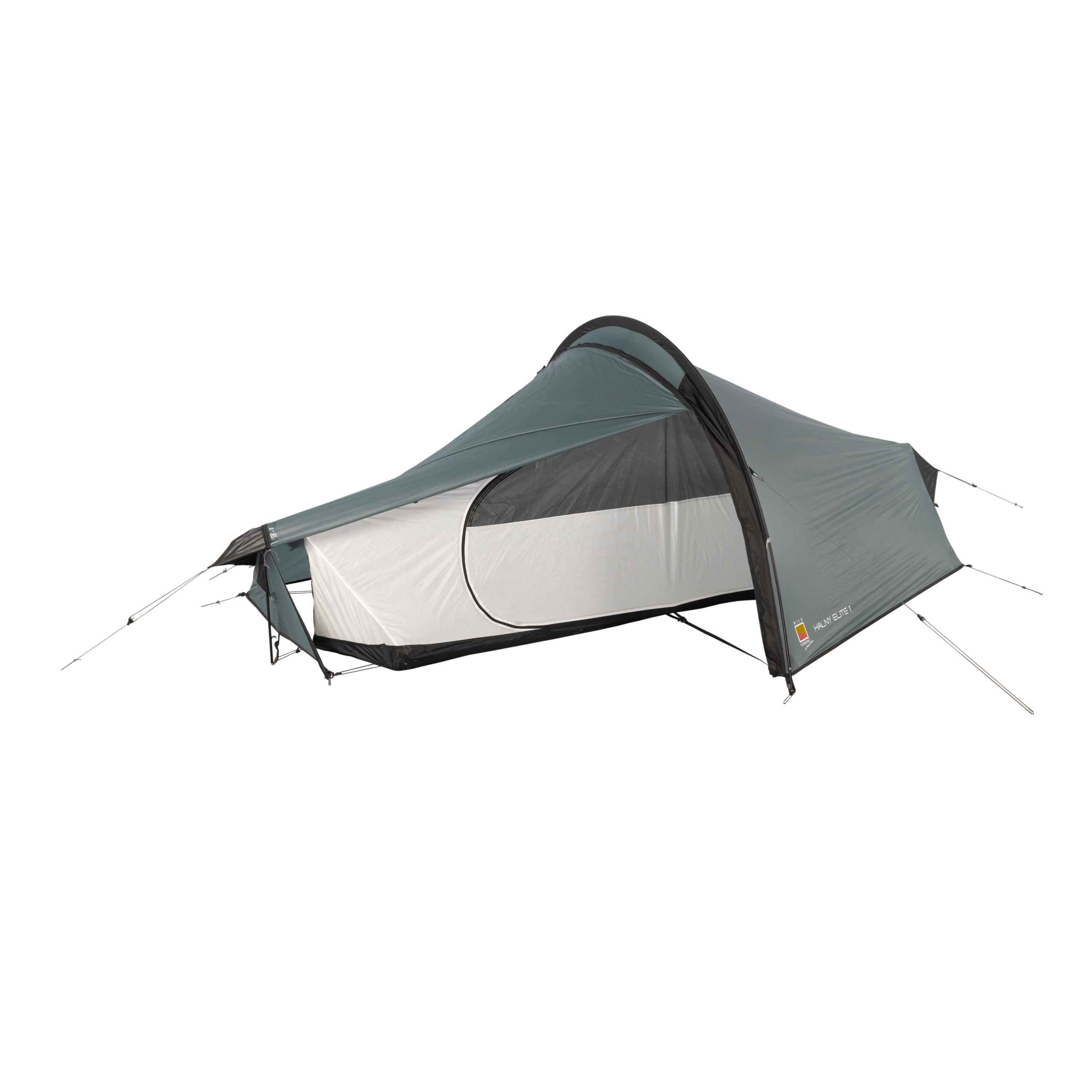 Low-profile single-person tunnel tent in muted grey-green with a black frame and rainfly, showing an inner mesh sleeping pod with an oval zip door and a small front vestibule awning held by guy lines.