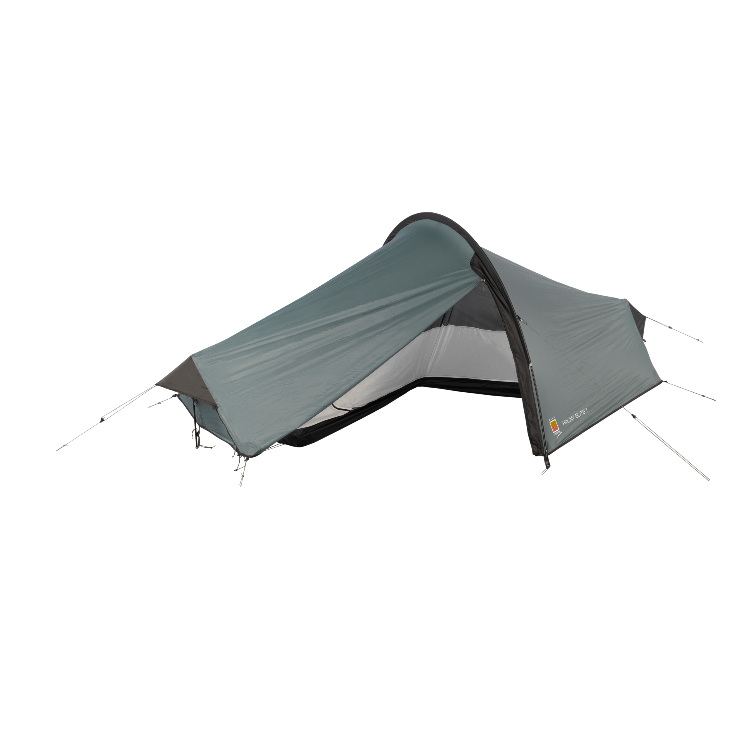 Low-profile grey-green tunnel tent pitched with a curved pole and taut rainfly, partially open to reveal an inner mesh door and black bathtub-style floor, with guy lines staked out.