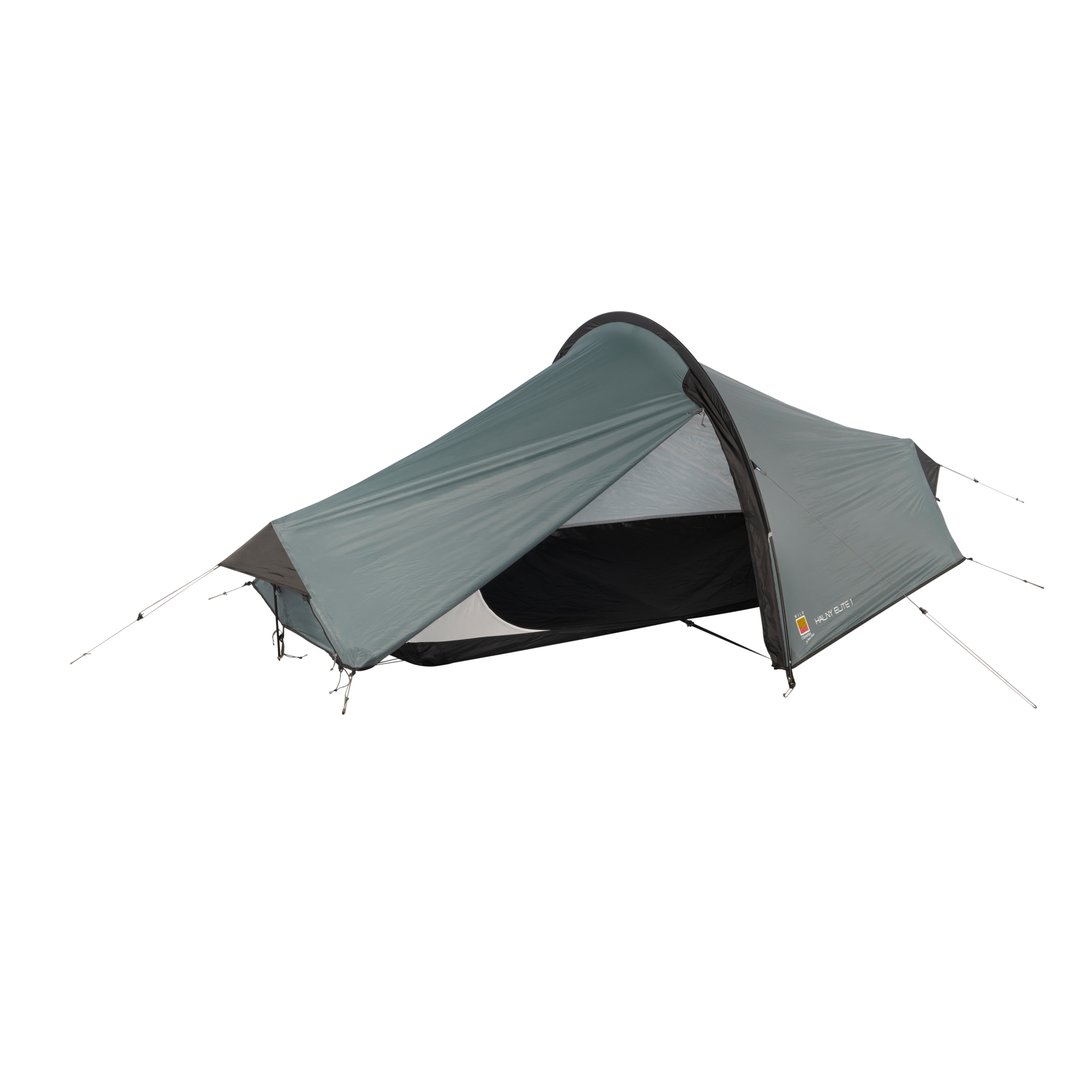 Low-profile grey single-person tunnel tent with a partially open rainfly revealing a black inner sleeping compartment, supported by curved poles and tensioned guylines on a white background.