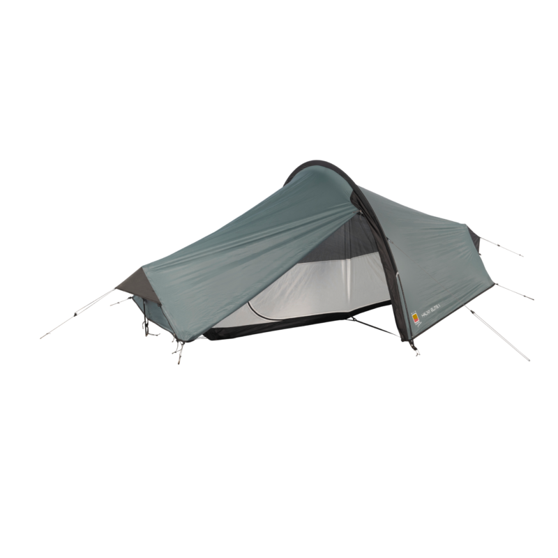 WC-Halny-Elite-1-CO7-3.webp Lightweight grey-green single-person tunnel tent with a curved entrance, mesh inner sleeping area and extended vestibule, shown fully pitched with poles and guy lines on a plain background.
