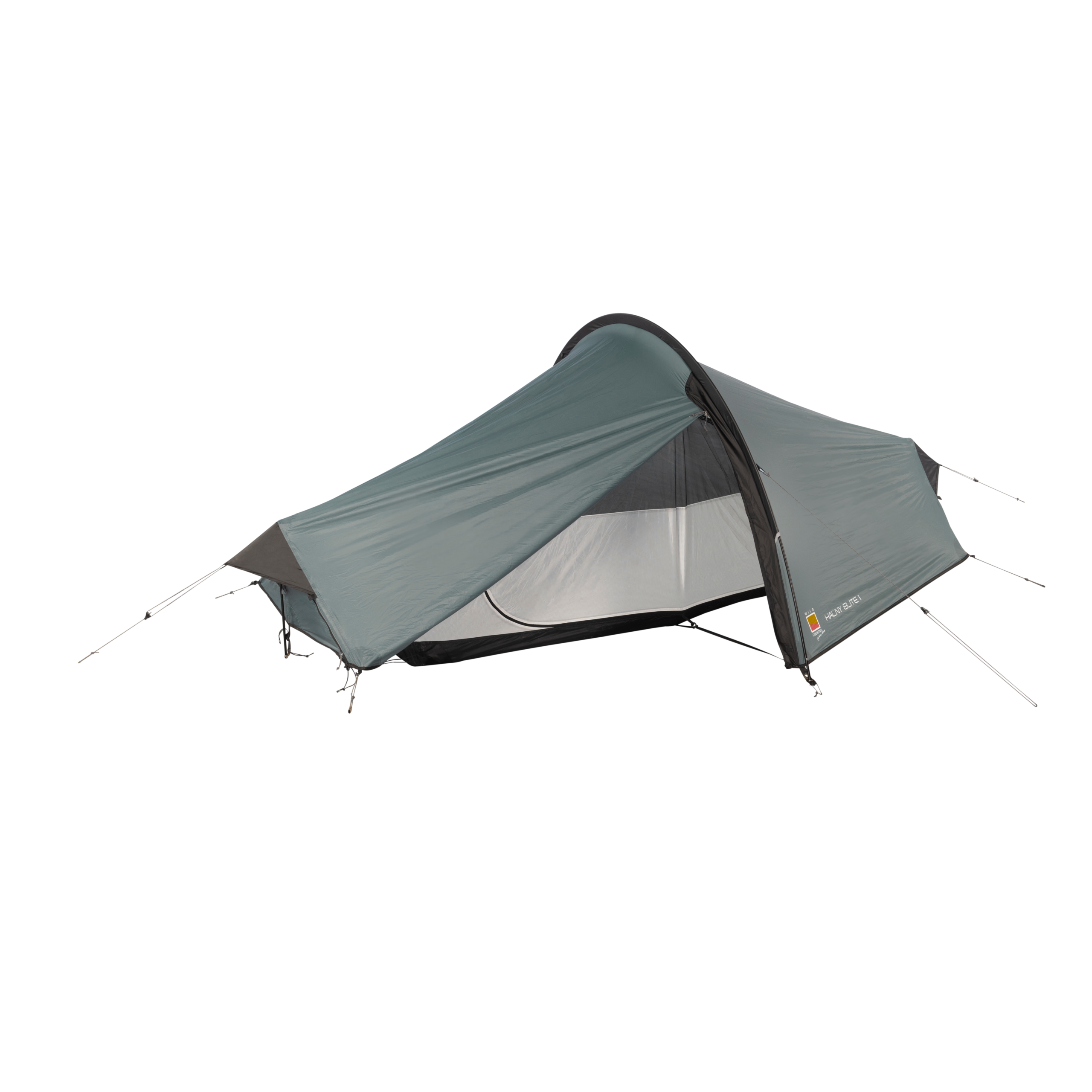 Lightweight grey-green single-person tunnel tent with a curved entrance, mesh inner sleeping area and extended vestibule, shown fully pitched with poles and guy lines on a plain background.