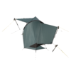 Lightweight teal-green backpacking tent pitched with trekking poles and yellow guy lines, showing a curved rainfly, triangular vestibule and raised bathtub floor against a plain white background.