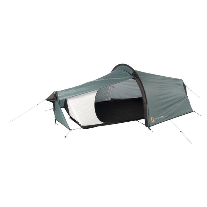 Green-grey two-person tunnel tent with a single arched pole and extended awning, front panel open to show a white inner tent and black groundsheet, staked out with guylines on a white background