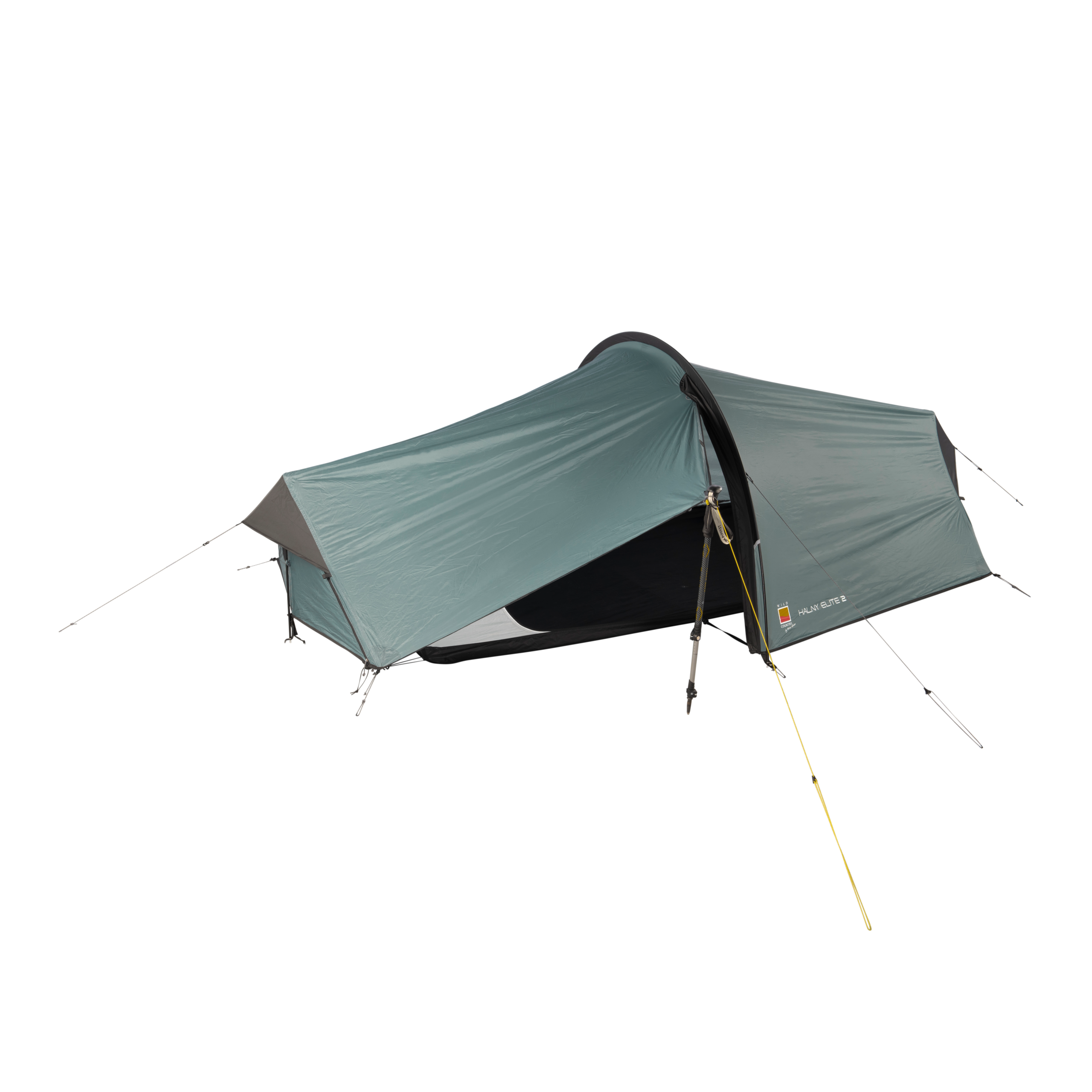 Low-profile green-grey tunnel backpacking tent with a black inner body, a front vestibule propped by a trekking pole and yellow guy lines staked out.