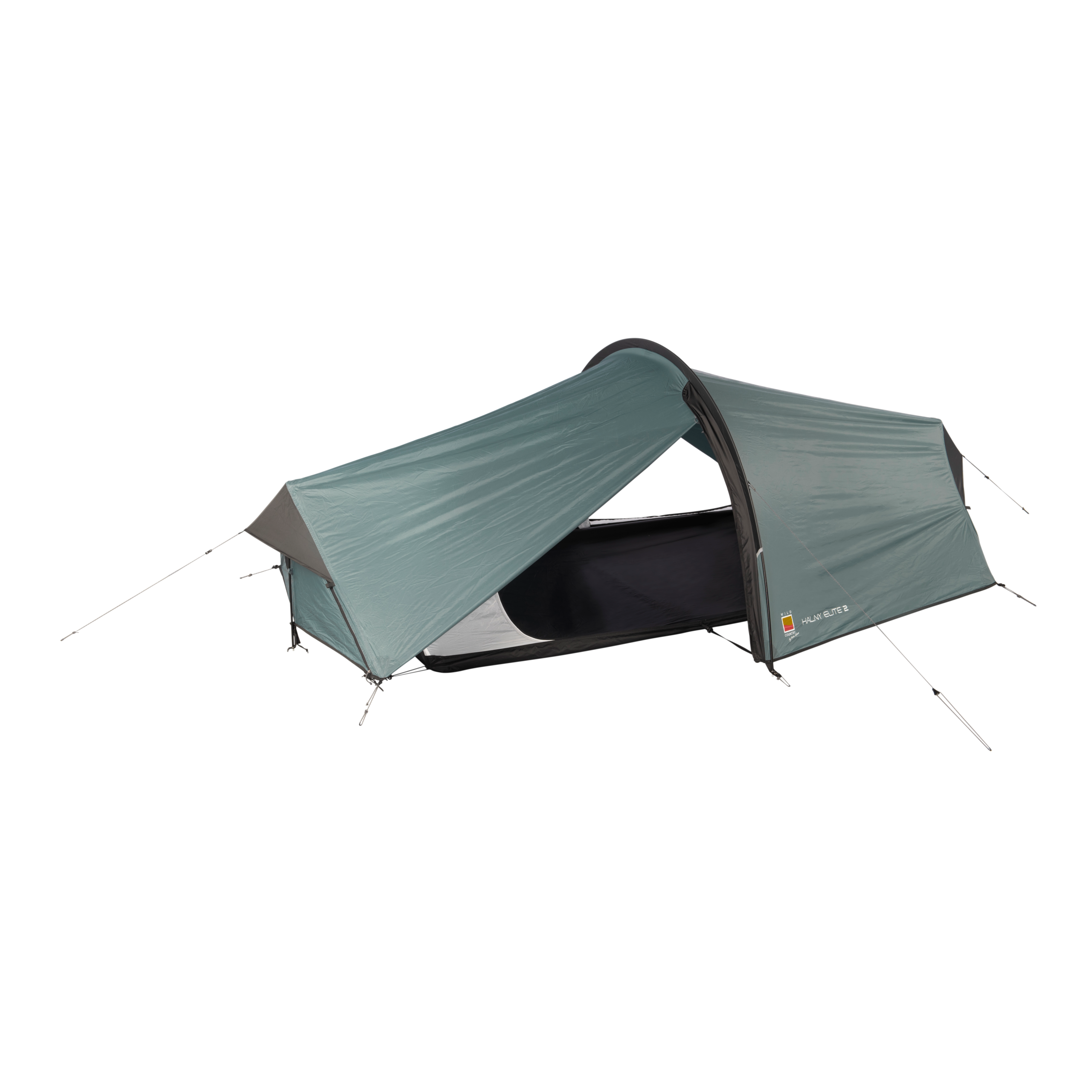 Low-profile single-person tunnel tent with sage-green flysheet, black inner sleeping compartment, arched pole and exterior guy lines staked out.