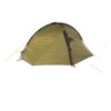 Olive-green two-person dome tent with black trim and a red zippered front vestibule, supported by crossed poles and bright yellow guylines and stakes, shown on a white background.