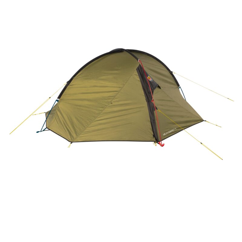 WC-Helm-Compact-1-2-3.jpg Olive-green two-person dome tent with black trim and a red zippered front vestibule, supported by crossed poles and bright yellow guylines and stakes, shown on a white background.
